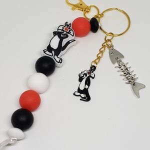 Handmade Silicone Focal Beaded Sylvester The Cat Keychain
